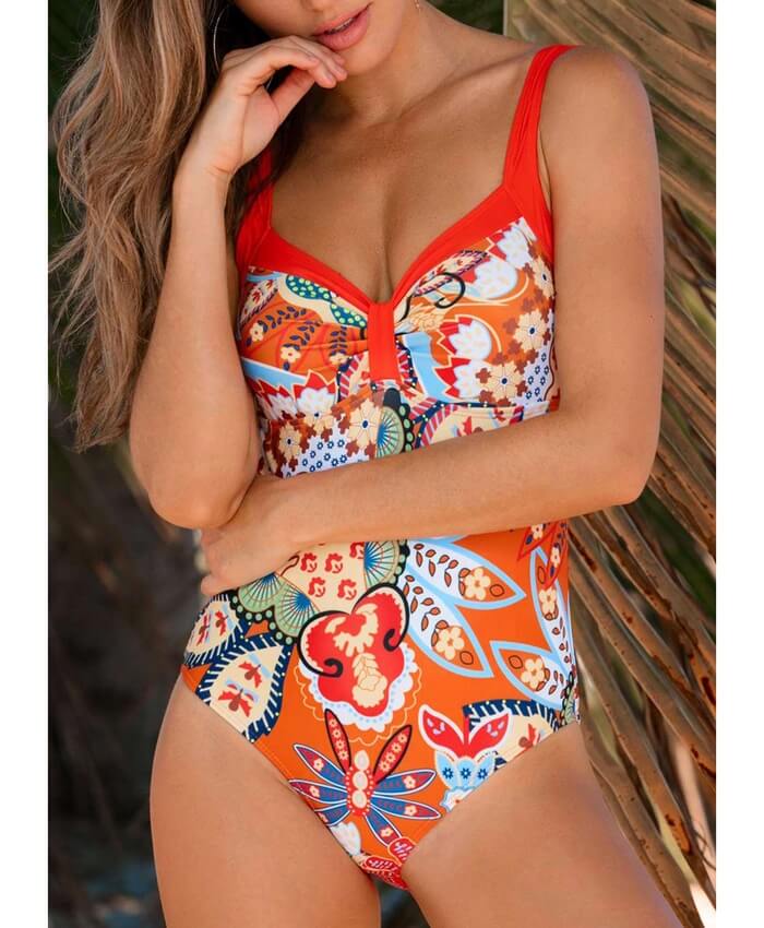 Scoop Back Printed Orange One Piece Swimwear